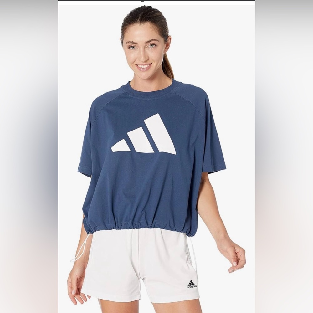 ADIDAS Blue Boxy Drawstring Hem T-Shirt 100% Cotton Oversized Cropped - Small